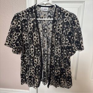 Vintage Clara Black Lace Embroidered Floral Open Front Top Sheer USA Made 90s